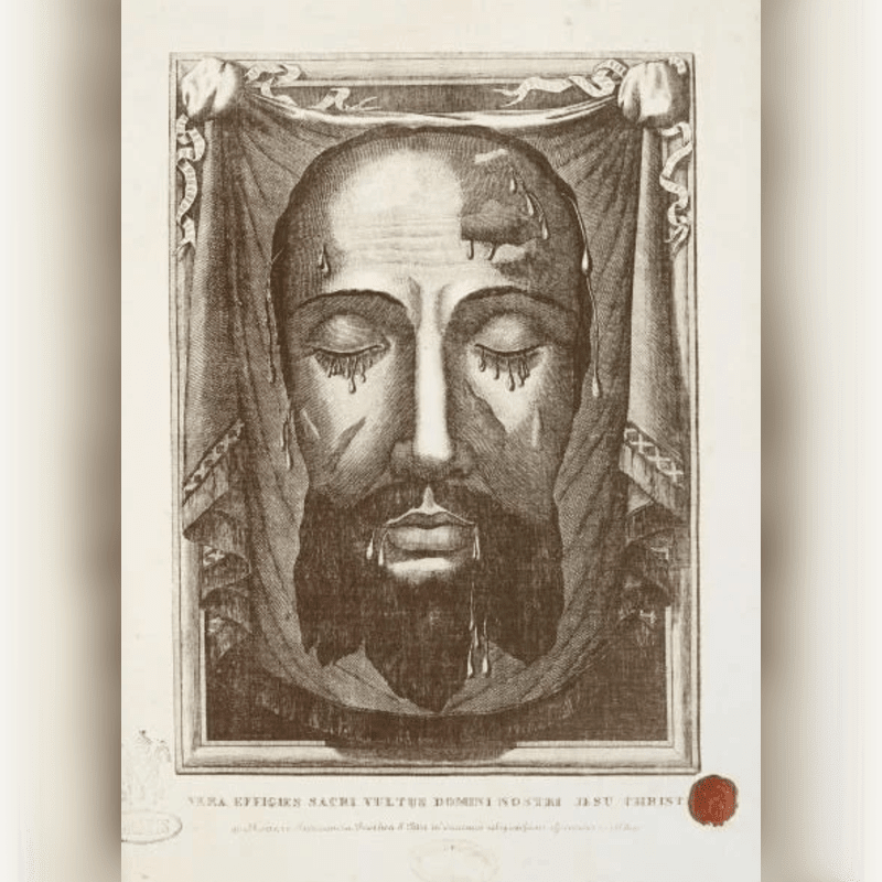 A detailed etching of Jesus' face, with tears and blood dripping, is framed by draped fabric and ornate borders, set against a plain background.