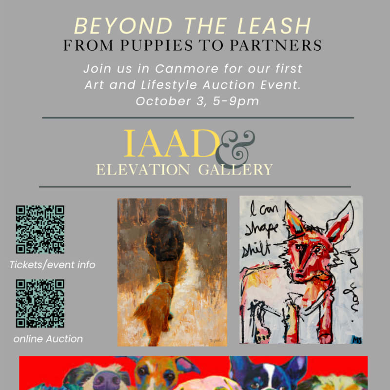 A poster advertises an art and lifestyle auction event called "Beyond the Leash" with images of dogs and artwork in the foreground, set against a gray background with event details.
