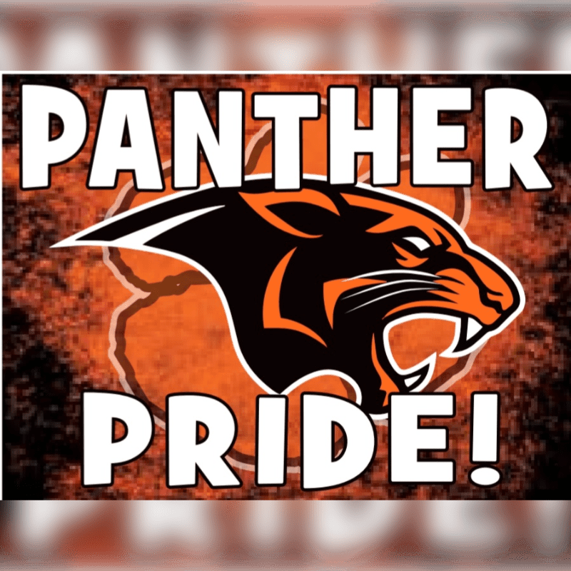 A fierce panther head with bared teeth is emblazoned on an orange background with the words "PANTHER PRIDE!" in large white letters.