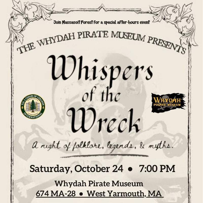 A vintage-style poster for "Whispers of the Wreck" at the Whydah Pirate Museum features a skull and crossbones in the background and event details in the foreground.