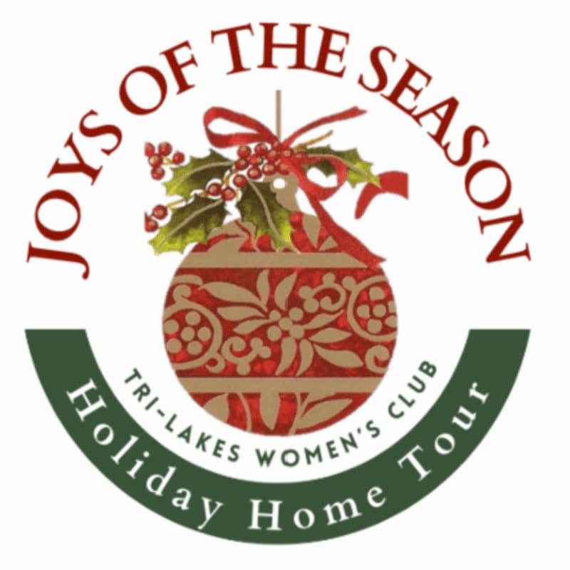 A festive Christmas ornament with holly and the words "Joys of the Season" hangs above a green banner proclaiming "Holiday Home Tour Tri-Lakes Women's Club" on a white background.