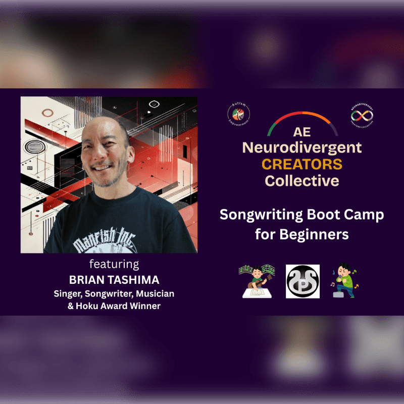 A smiling man is featured in the foreground against a background advertising a songwriting boot camp for beginners hosted by the AE Neurodivergent Creators Collective.