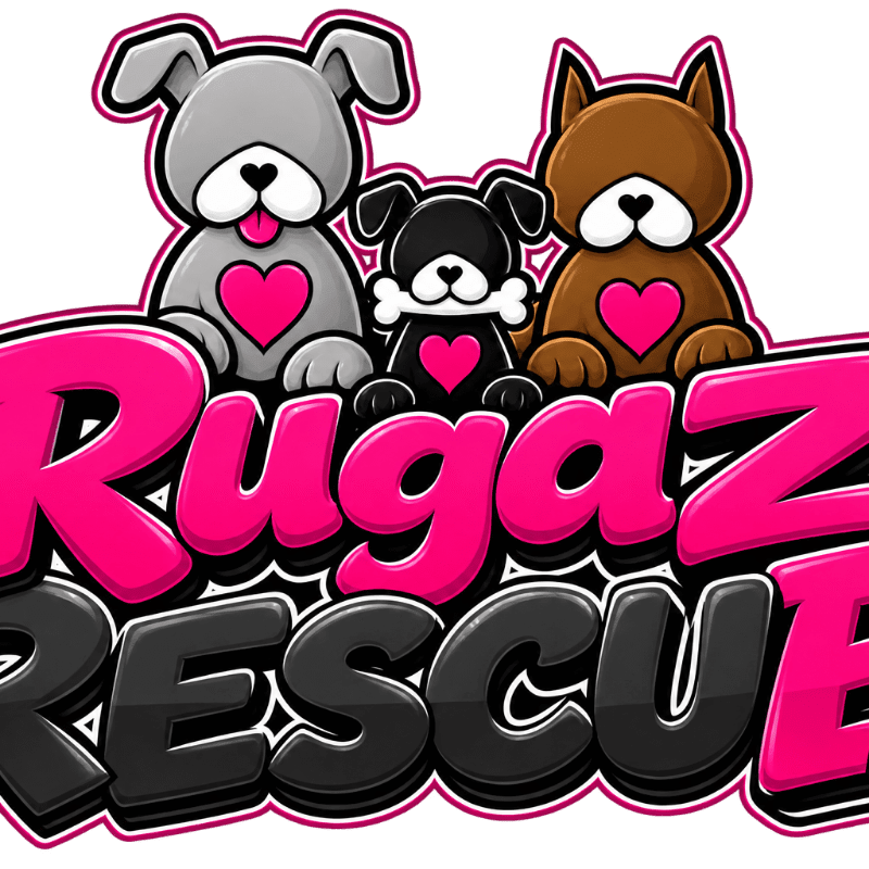 Three cartoon dogs with pink hearts on their chests sit above the bold pink and black text "Rugaz Rescue" against a white background.
