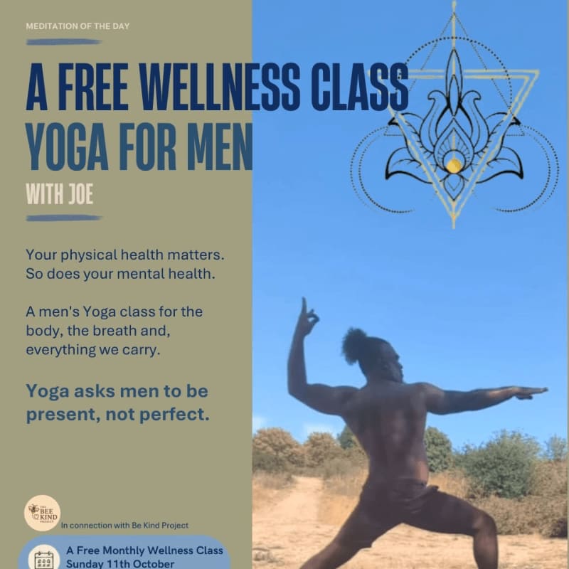 A man in a warrior pose is featured in the foreground against a bright blue sky with a geometric lotus design, while the background displays text promoting a free men's yoga wellness class.