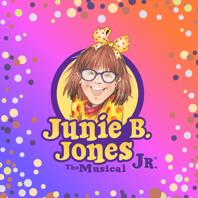 A cartoon illustration of Junie B. Jones with a yellow bow in her hair and glasses is centered on a vibrant, confetti-filled background.