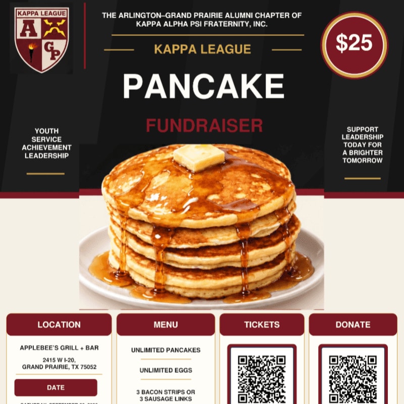 A stack of syrup-drenched pancakes with butter sits in the foreground, while the background displays event details for a Kappa League Pancake Fundraiser.