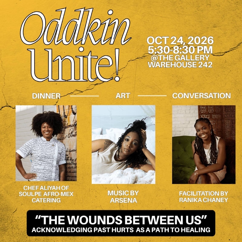 A yellow background with cracked texture frames three portraits of women and event details for "Oddkin Unite!" which includes dinner, art, and conversation.