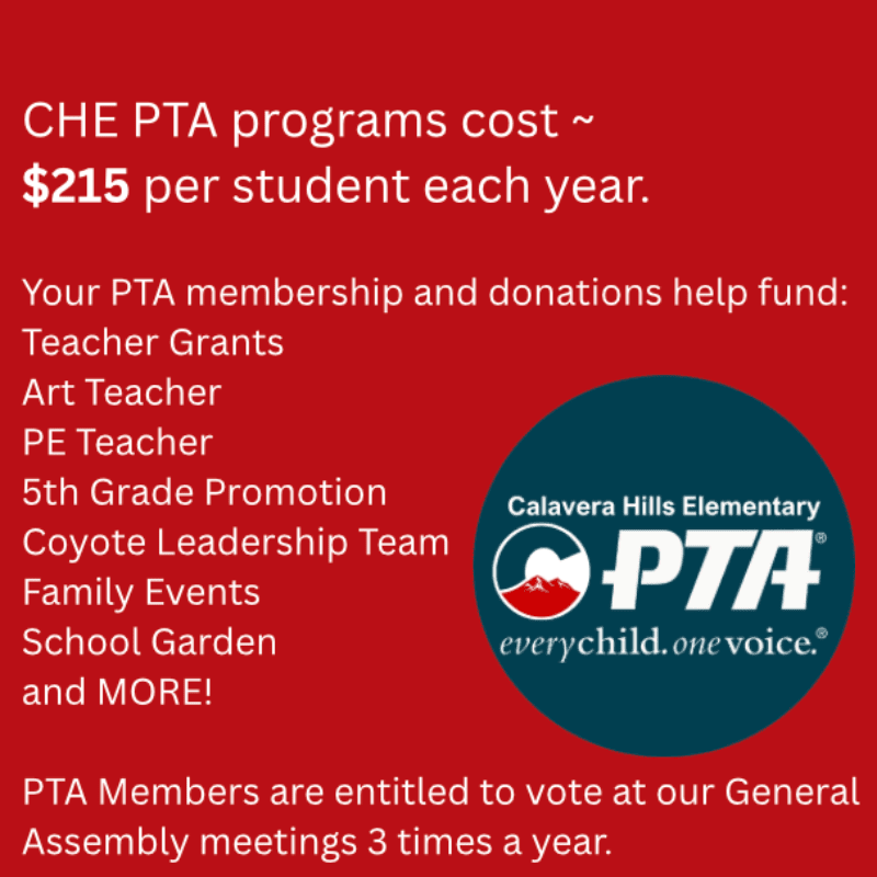 A red background displays text about CHE PTA programs and costs, with a blue circular logo on the right side.
