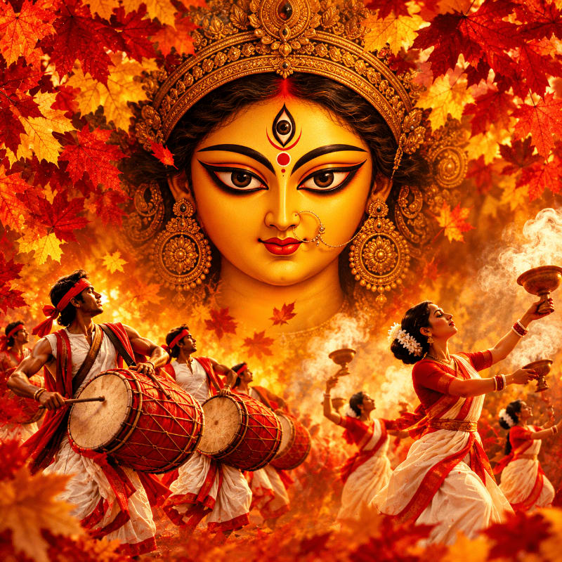 A multi-armed goddess, adorned with jewelry and holding various weapons, stands over a lion in the foreground, against a vibrant red background with swirling clouds.