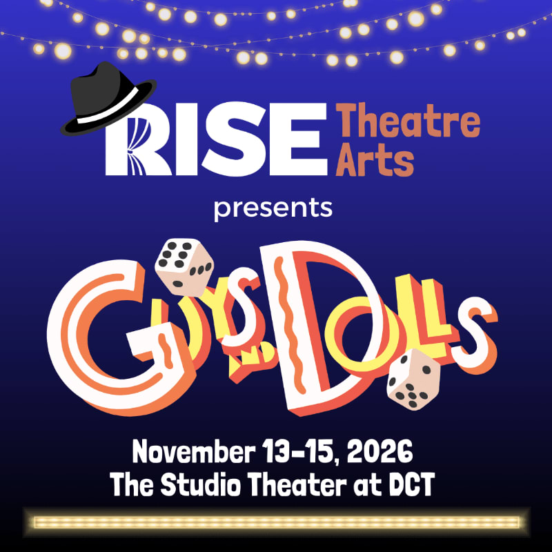A fedora hat rests atop the "RISE Theatre Arts" logo in the foreground, while the background features a string of illuminated bulbs and the title "Guys & Dolls" in large, colorful letters.