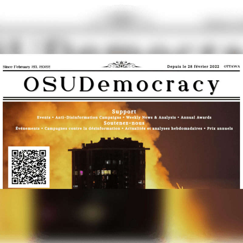 A newspaper masthead for "OSUDemocracy" with a QR code and a fiery building in the background.