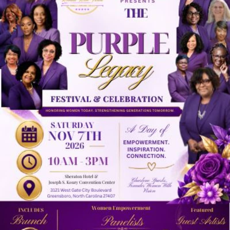 A group of women in purple attire are featured in the background of a flyer announcing the "Purple Legacy Festival & Celebration" with event details in the foreground.
