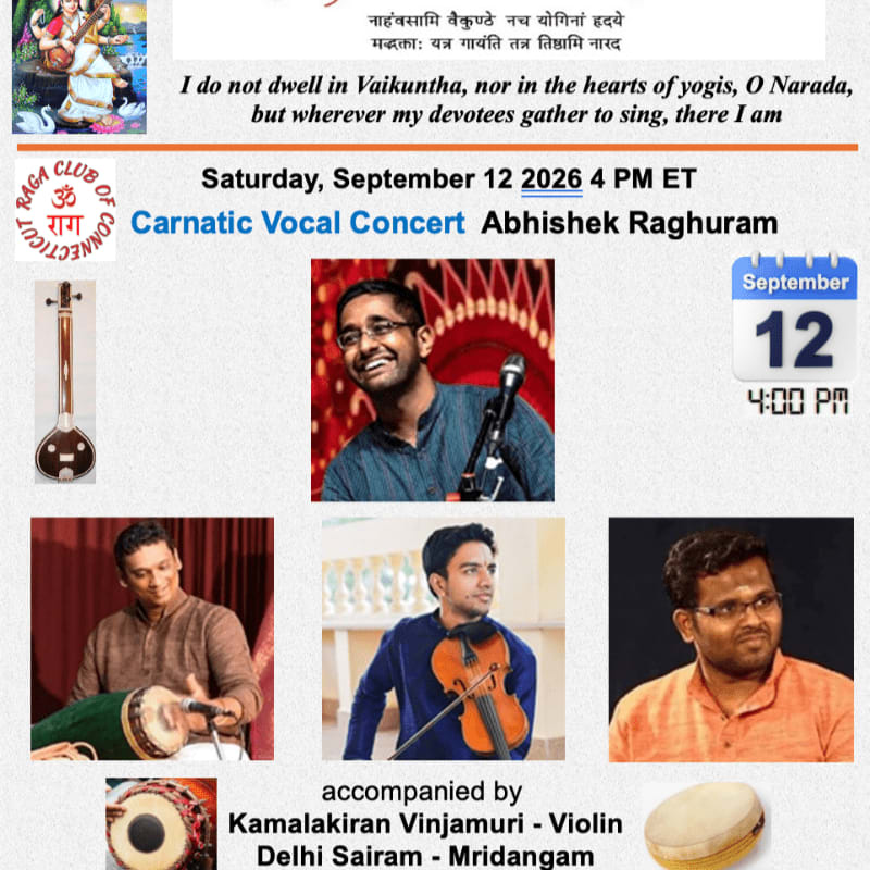 A concert poster features a quote about devotion in the background, with images of musicians and concert details in the foreground.