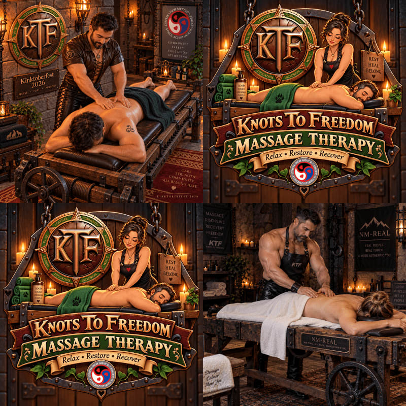 In the foreground, masseuses work on clients on wooden tables, while the background features rustic, medieval-themed decor with candles and the "Knots to Freedom" logo.