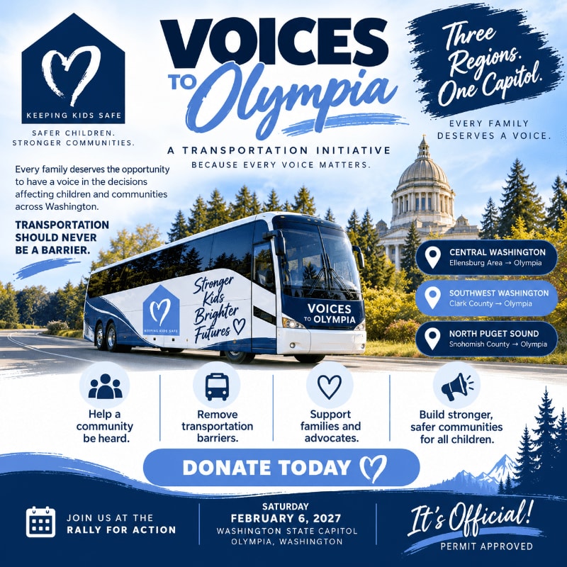 A bus with "Voices to Olympia" branding drives on a road in the foreground, with the Washington State Capitol building visible in the background.