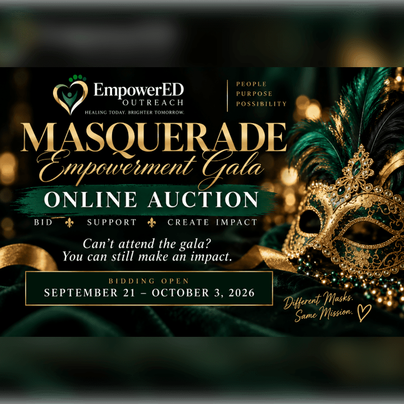 A decorative masquerade mask with green feathers and gold accents is in the foreground, while the background features text announcing the "Masquerade Empowerment Gala Online Auction" with event details.