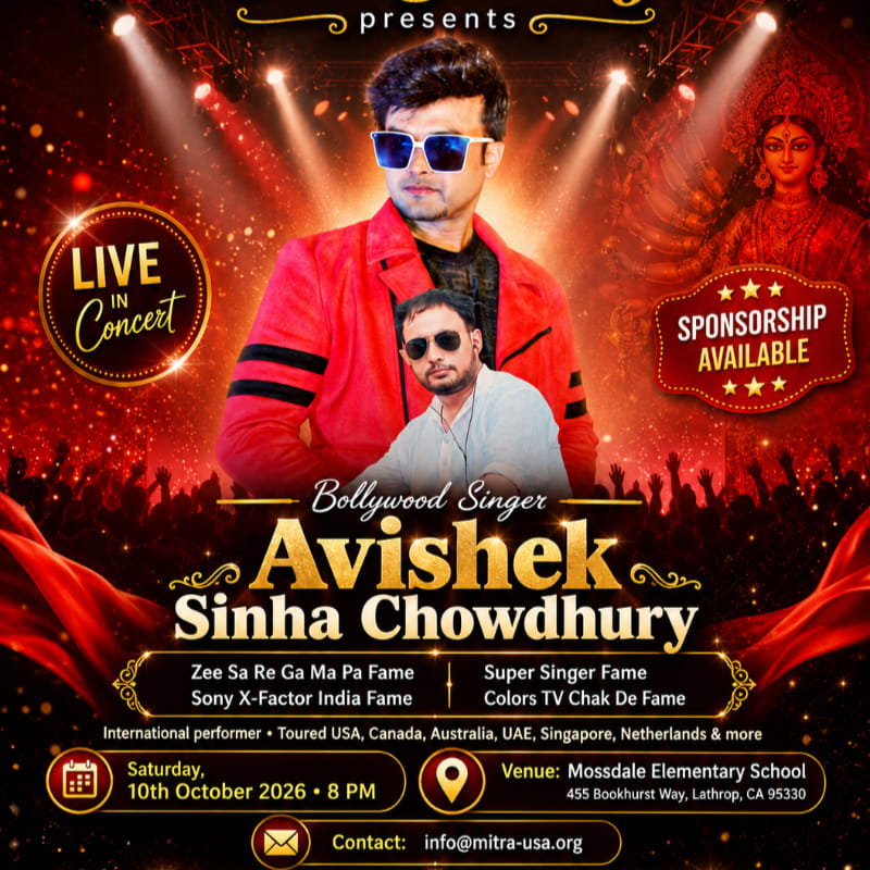 A Bollywood singer in a red jacket is featured in the foreground, with a crowd and stage lights in the background.