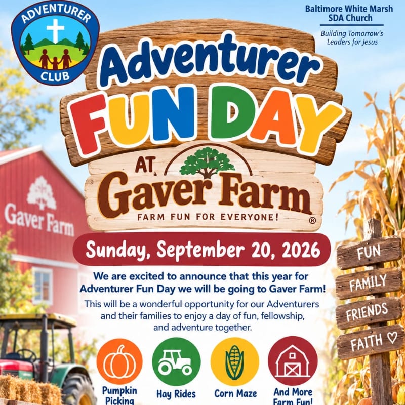 A vibrant poster announces "Adventurer Fun Day at Gaver Farm" on Sunday, September 20, 2026, featuring farm imagery like a red barn, tractor, and corn stalks, with icons for activities like pumpkin picking and hay rides.