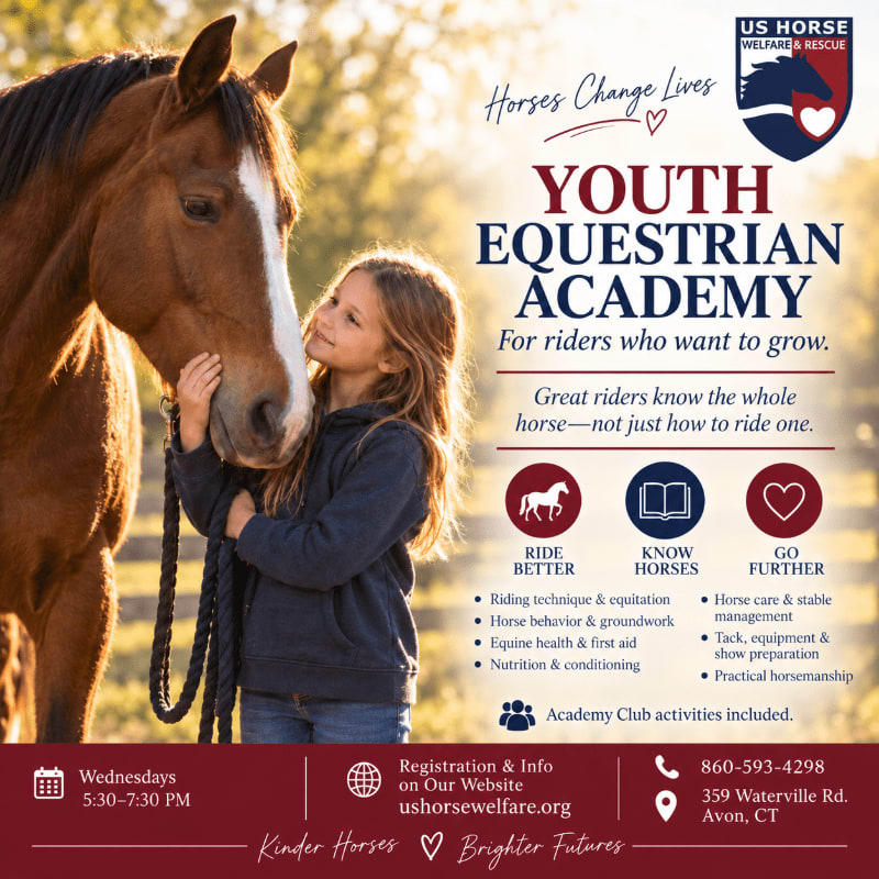 A young girl gently touches a horse's nose in the foreground, with the text "Youth Equestrian Academy" and event details in the background.