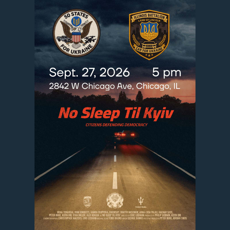 A dark, ominous road stretches into the distance under a stormy sky, with event details for "No Sleep Til Kyiv" superimposed over the scene.