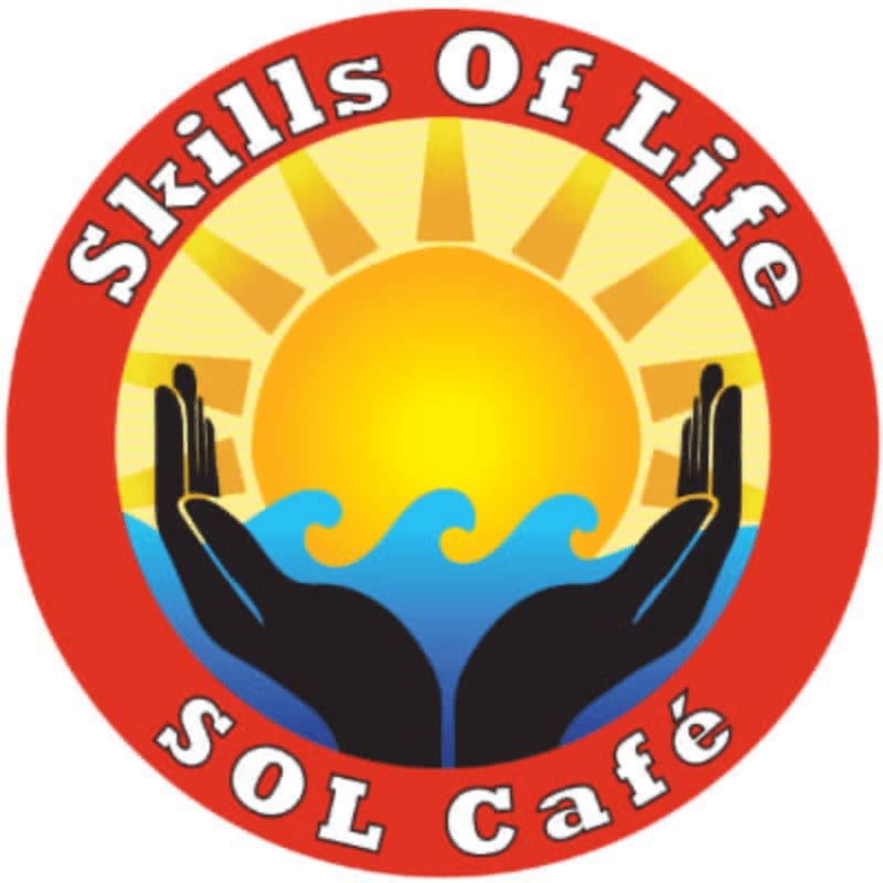 Two cupped hands cradle blue waves beneath a bright yellow sun with radiating rays, all within a red circle that reads "Skills Of Life SOL Café."
