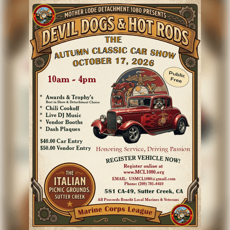 A vintage-style poster advertises the "Devil Dogs & Hot Rods" Autumn Classic Car Show, featuring a red hot rod with flames in the foreground and event details in the background.