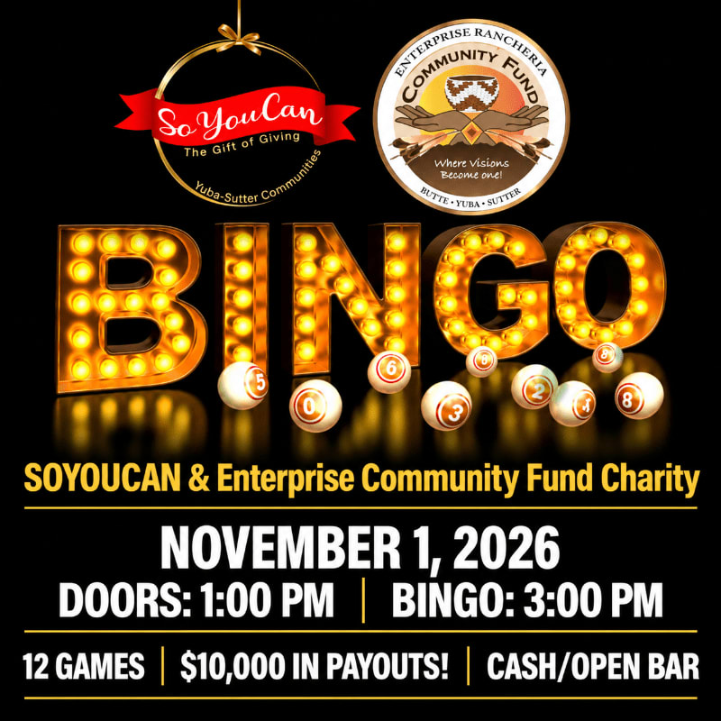 Glowing "BINGO" letters and bingo balls are in the foreground, with logos for "So You Can" and "Enterprise Rancheria Community Fund" in the background.