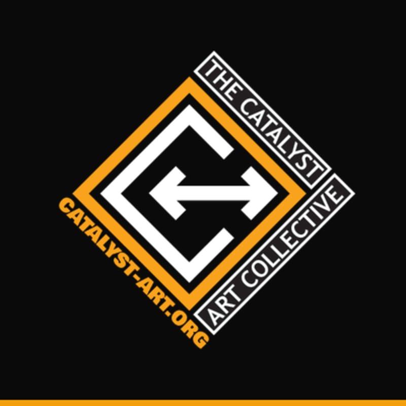 A stylized white "C" with opposing arrows inside a diamond shape formed by orange and white lines, with text "THE CATALYST ART COLLECTIVE" and "CATALYST-ART.ORG" on a black background.