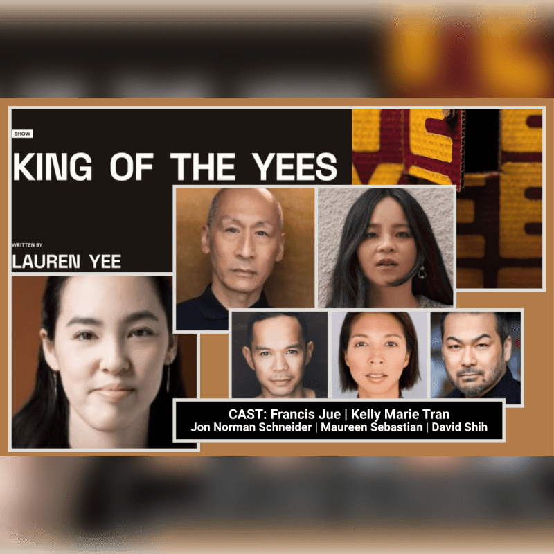 A collage of actor headshots for the play "King of the Yeees" is set against a backdrop of patterned fabric.