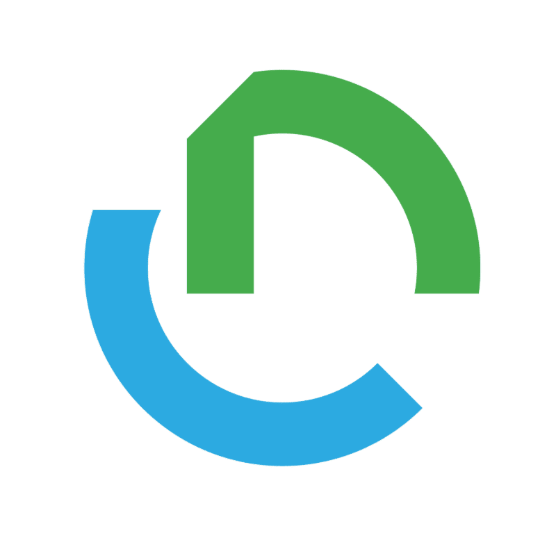A blue crescent shape forms the bottom of a circular logo, with a green angular shape completing the circle against a white background.