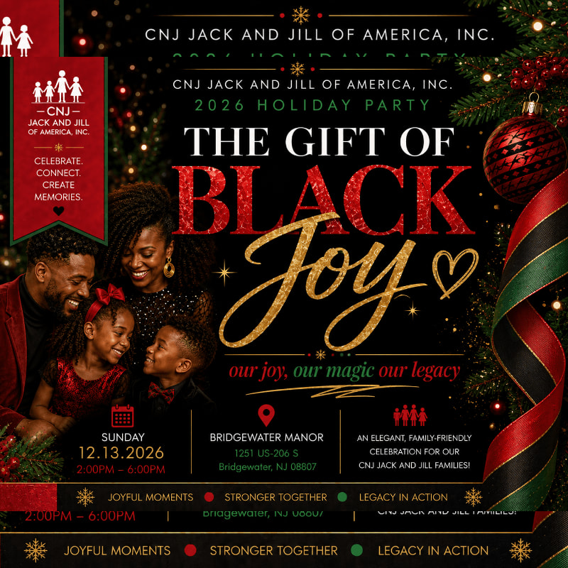 A smiling family is featured in the foreground against a festive background of holiday decorations and event details for the CNJ Jack and Jill of America, Inc. 2026 Holiday Party.