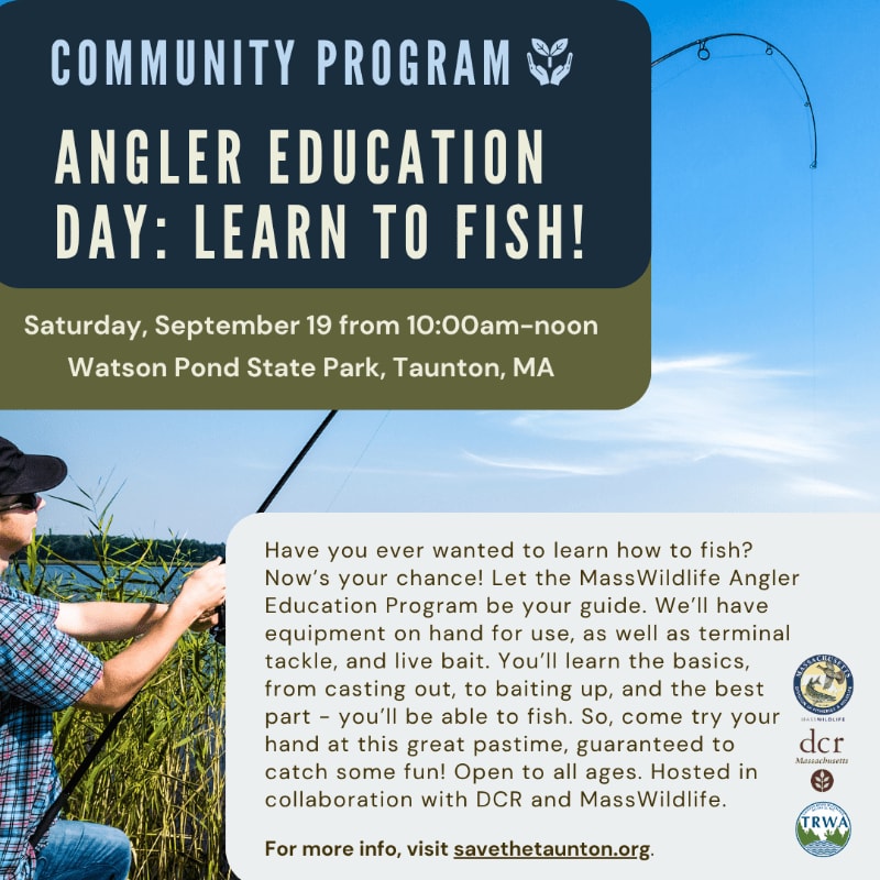 A young person in the foreground fishes with a rod and reel, while the background features text announcing an Angler Education Day event at Watson Pond State Park.