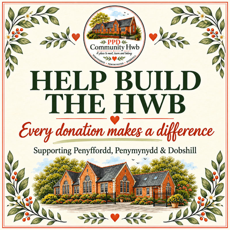 A charming illustration of a brick building with a red roof, surrounded by greenery and framed by a decorative border, promotes a community fundraising effort.