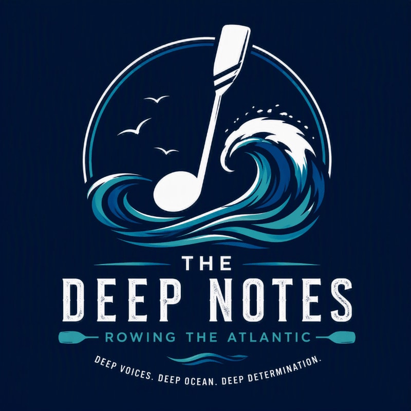 A rowing oar forms a musical note above a cresting wave in the foreground, set against a dark blue background with seagulls and text that reads "THE DEEP NOTES ROWING THE ATLANTIC DEEP VOICES. DEEP OCEAN. DEEP DETERMINATION."