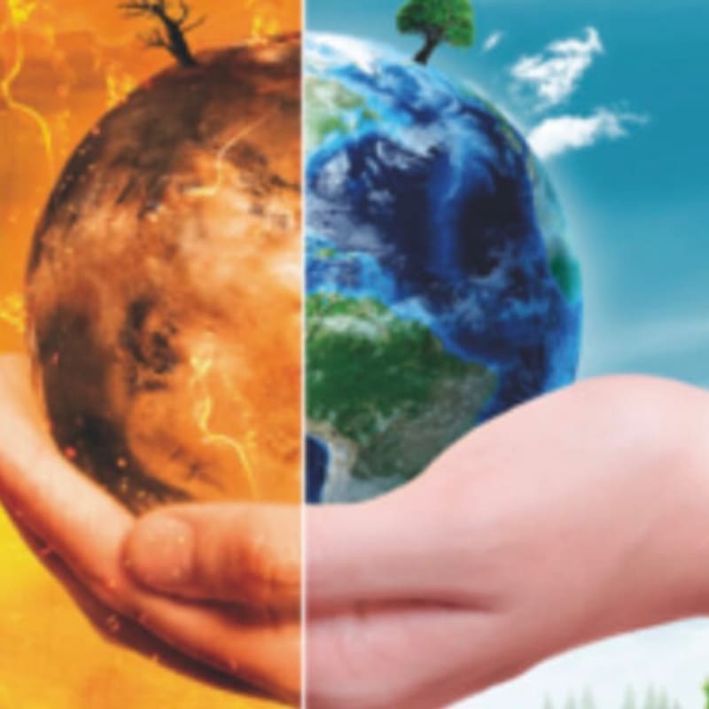 Two hands cradle a split Earth, one side scorched and barren, the other lush and vibrant under a blue sky.