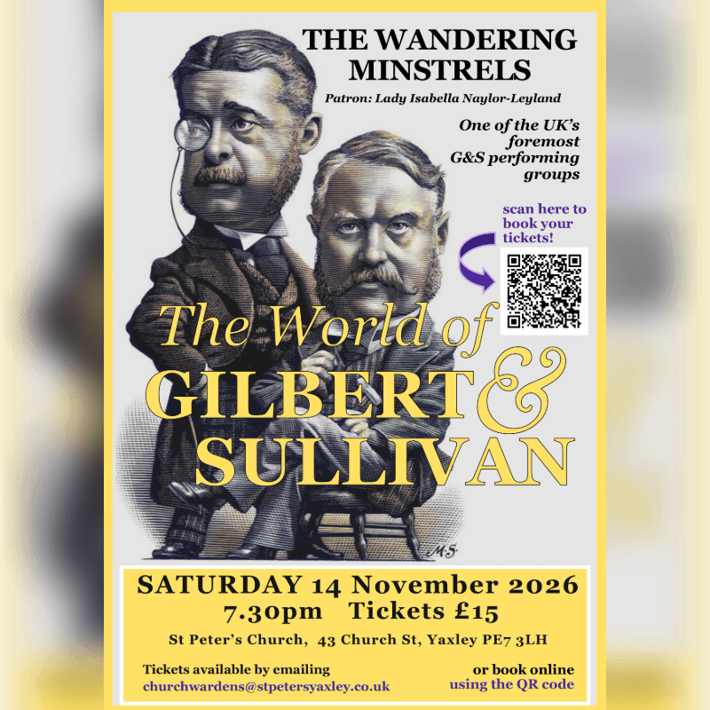 A caricature of Gilbert and Sullivan is featured prominently in the foreground, with event details and a QR code for tickets in the background.