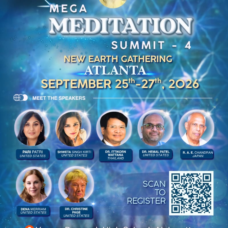 A poster for a Mega Meditation Summit in Atlanta features portraits of speakers in the foreground against a celestial, blue, and starry background.