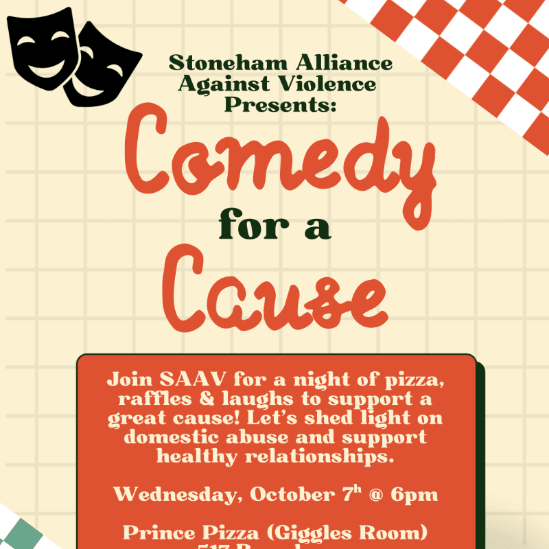 A poster for "Comedy for a Cause" by Stoneham Alliance Against Violence features a red and white checkered border in the background and a dark red box with event details in the foreground.