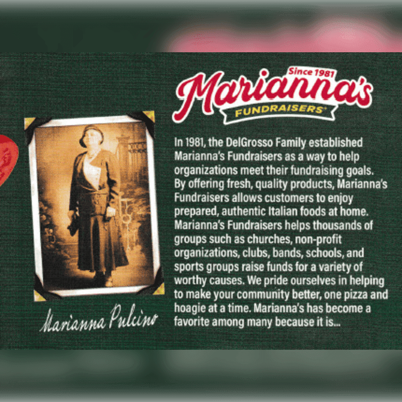 A sepia-toned photograph of Marianna Pulcino is in the foreground, with text about Marianna's Fundraisers filling the background.