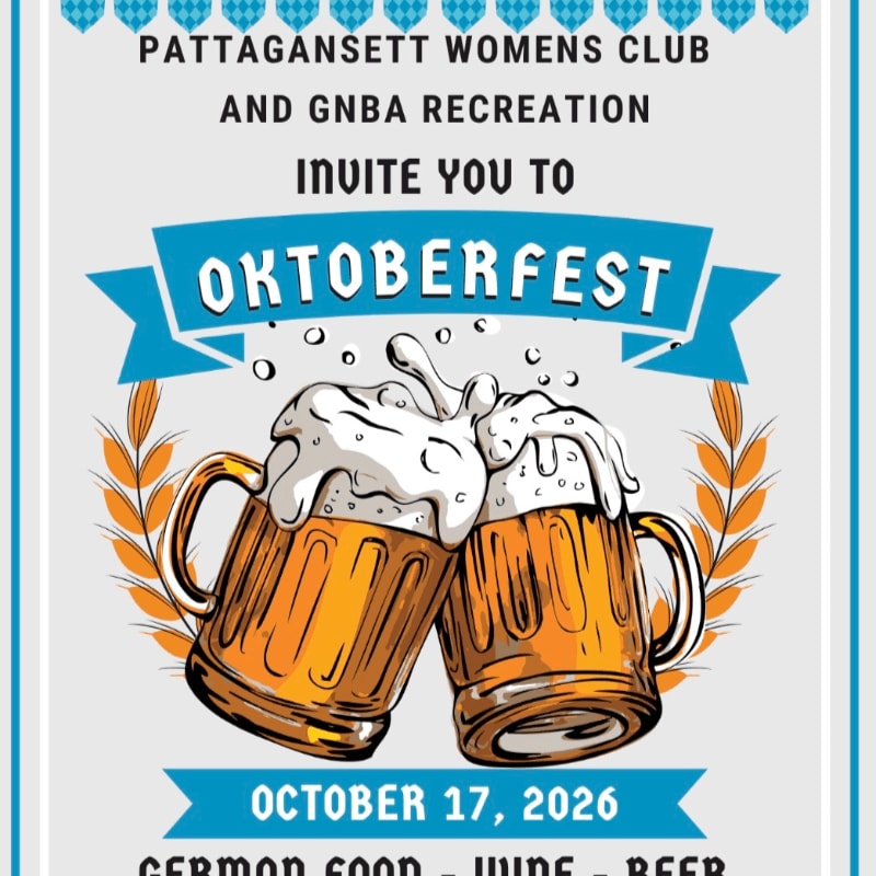 Two frothy beer mugs are clinking in the foreground against a background of text announcing an Oktoberfest event.