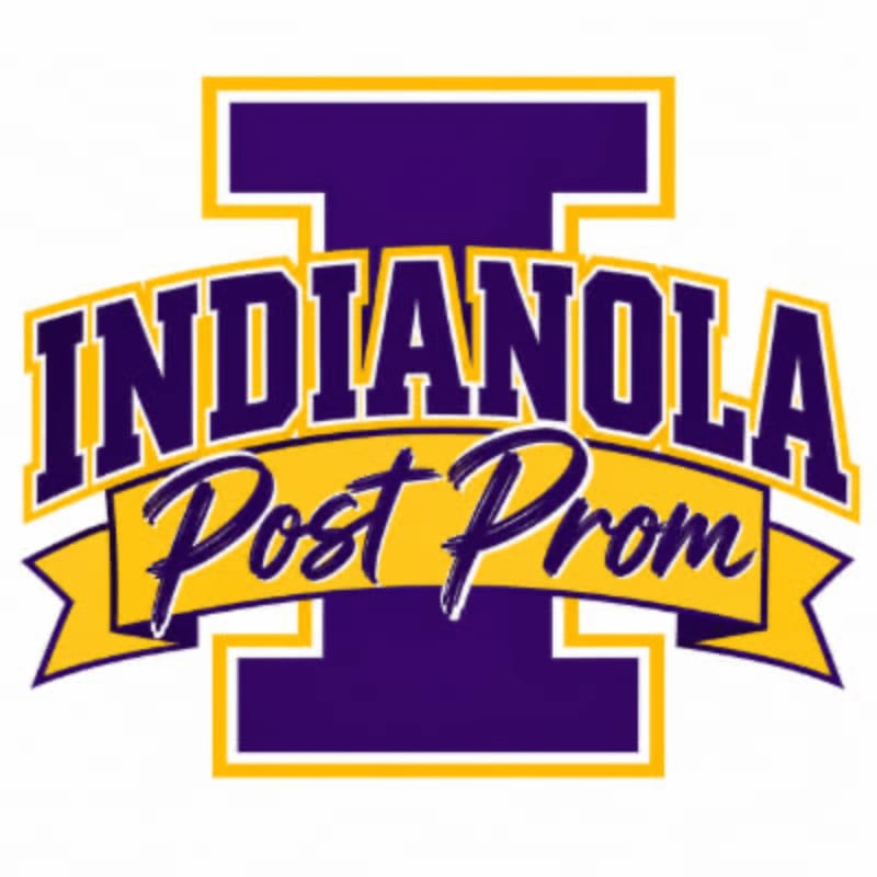 A large purple "I" with a yellow outline is in the background, while "INDIANOLA Post Prom" is written in yellow and purple text across a yellow banner in the foreground.