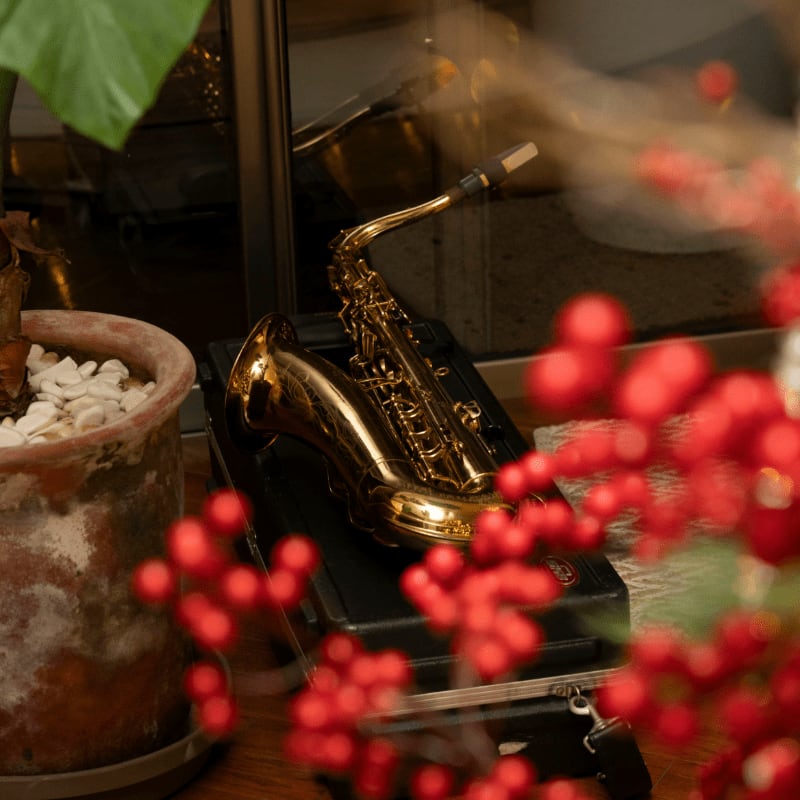a table topped with a potted plant next to a saxophone