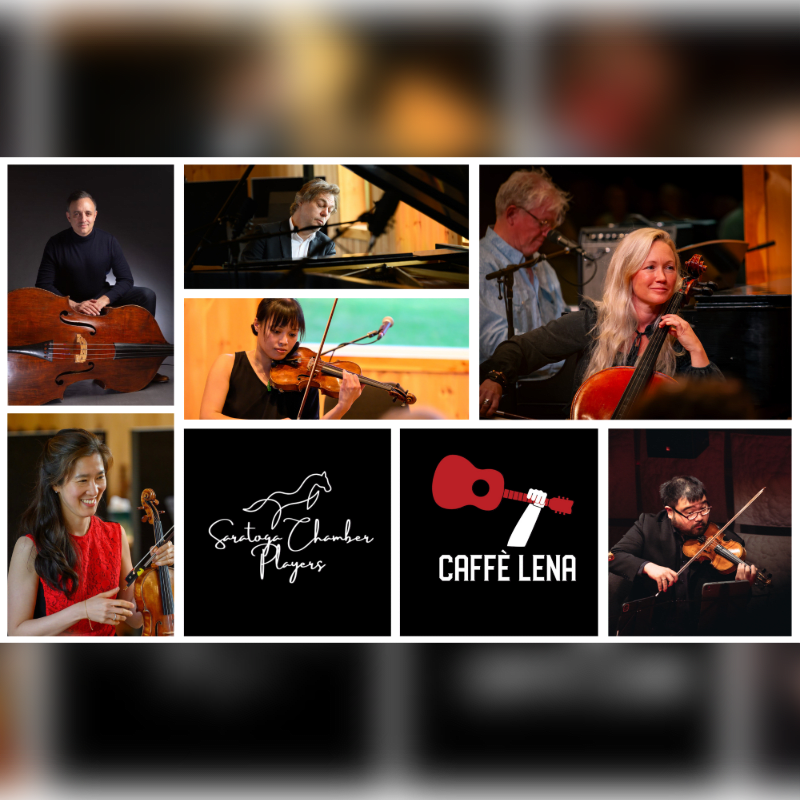 A collage of musicians playing instruments in the foreground is set against a dark, blurred background.