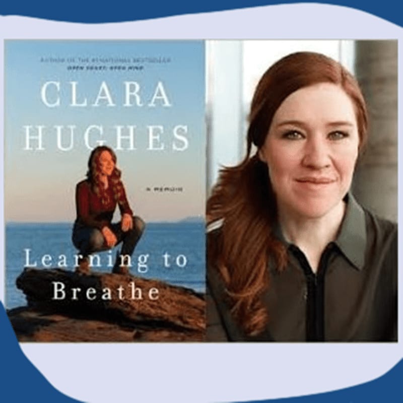 A book cover featuring Clara Hughes on a rock by the sea is juxtaposed with a portrait of the author.