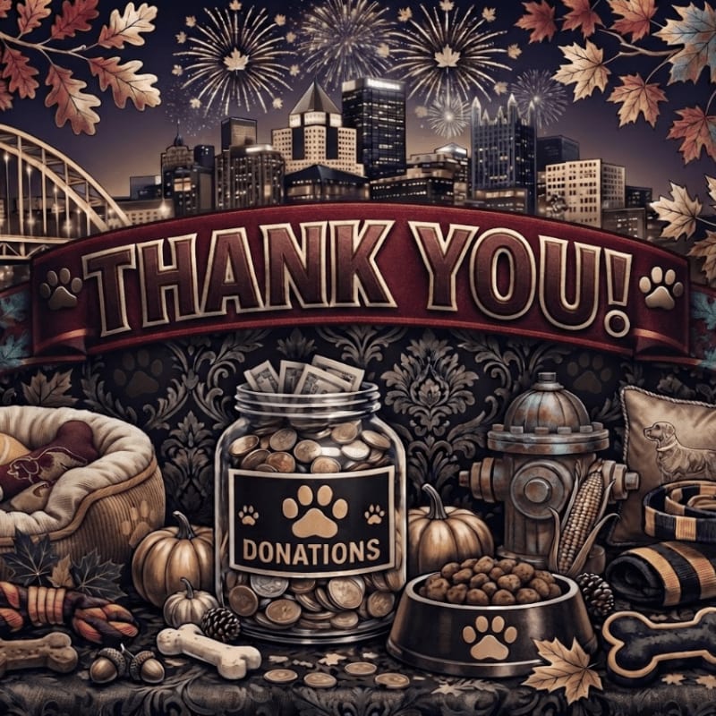 A jar of donations and pet supplies sit in the foreground, with a "Thank You!" banner and a city skyline with fireworks in the background.