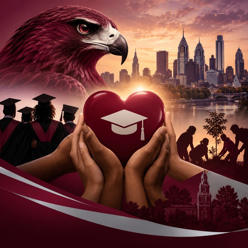 A majestic eagle soars above hands cradling a heart with a graduation cap, overlooking a cityscape and silhouettes of students and a campus.