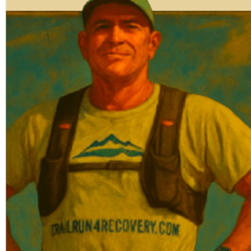 A man in a green cap and a yellow t-shirt with a mountain logo and "TRAILRUN4RECOVERY.COM" printed on it, stands with his hands on his hips against a blurred background of sky and clouds.