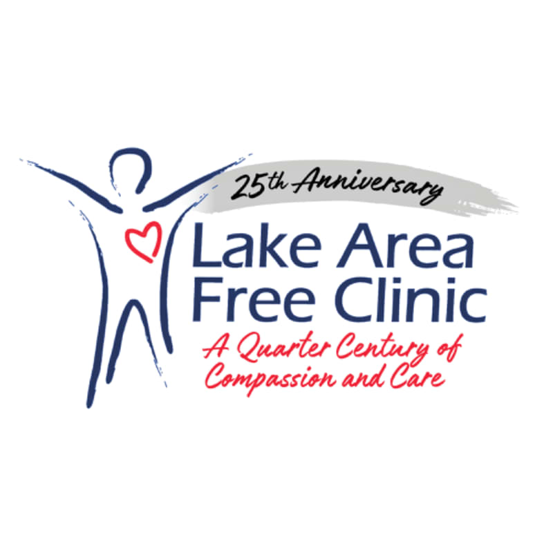 A stylized figure with outstretched arms and a heart emblem stands to the left of text celebrating the 25th anniversary of Lake Area Free Clinic, with a white background.