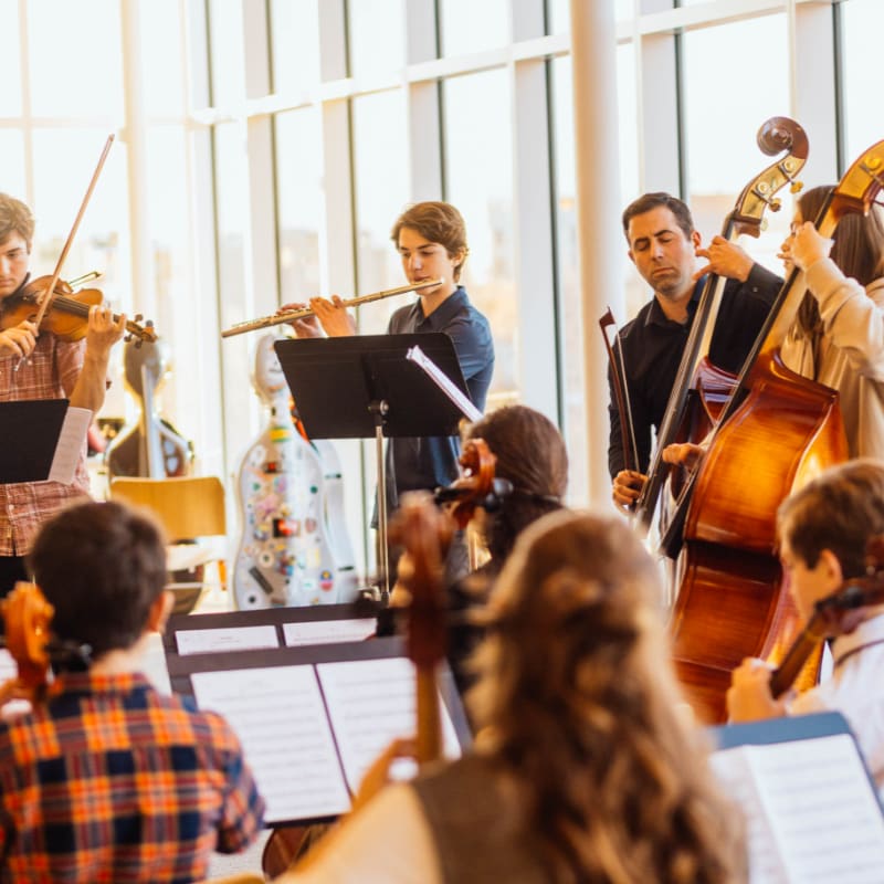 A group of musicians plays instruments in the foreground, while a bright, sunlit room with large windows forms the background.