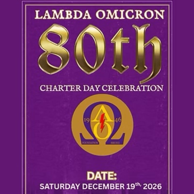 A purple background with gold lettering announces the Lambda Omicron 80th Charter Day Celebration on Saturday, December 19th, 2026, featuring a circular emblem with the year 1946.